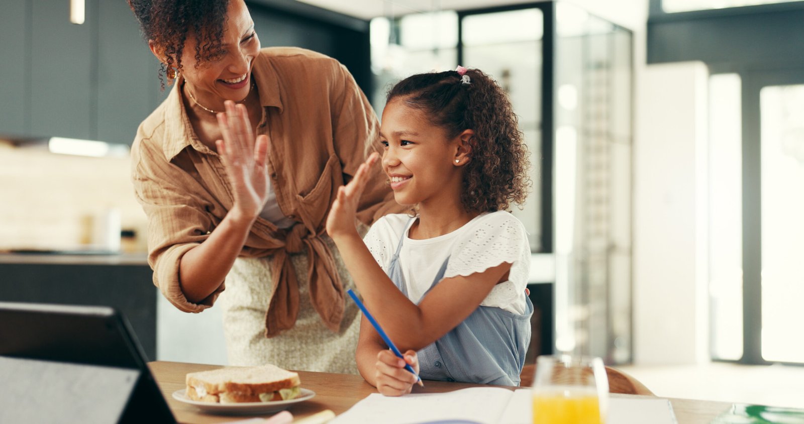 Girl mom and high five with learning homework an 01 09 11 11 51 utc